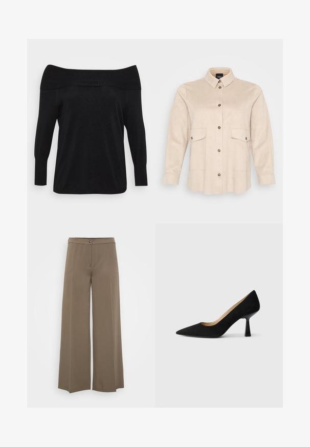 Sort off-the-shoulder sweater med ribbet halsudskæring og lange ærmer, lavet af et blødt, struktureret stof med en subtil glans.; Beige, langærmet skjorte lavet af ruskindslignende materiale, med krave, to forlommer og knaplukning med mørke knapper.; Breddebenede bukser i en ensfarvet brun stof, med knaplukning, glat for og blød tekstur, designet til en afslappet pasform.; Sorte ruskinds højhælede pumps med spids tå, der har en blank sort blokhæl og en glat indvendig foring.