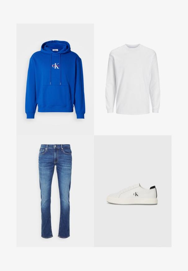 Blå pullover hoodie med frontal lomme, justerbare snore og Calvin Klein-logo i hvidt og rødt centreret på brystet.; Langærmet hvid t-shirt lavet af bomuld. Har rund hals og ensfarvet design uden mønstre eller accenter. Blød, glat tekstur.; Blå denim jeans med falmede effekter, frontknap og lynlås, og femlomme-stil mod en ensartet hvid baggrund.; Hvide lædersneakers med rund tå, flad gummisål og sort hælaccent. Har et fremtrædende sort Calvin Klein-logo på siden.
