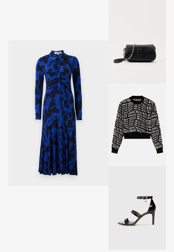 Sort cropped sweater med hvid, svungne tekst "VERSACE JEANS COUTURE." Ribbet halsudskæring og manchetter, strikket tekstur, minimalistisk design.; Blå leopardprint kjole med lange ærmer, krave, rynket liv og en udvidet nederdel. Fremstillet af et glat, strækbart stof.; Sorte patenterede lædersandaler med tre stropper, ankelspænde og 10 cm stiletthæl. Har detaljer i guld og et logo charms.; Sort læder crossover taske med sølv kæde og sort rem, frontklap med afrundet rektangulært logo-detalje, på hvid baggrund.