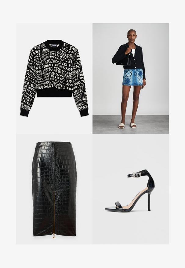 Sort cropped sweater med hvid, svungne tekst "VERSACE JEANS COUTURE." Ribbet halsudskæring og manchetter, strikket tekstur, minimalistisk design.; Sort pencilskørt i faux læder med krokodillestruktur, som har en central guldlynlås og en glat overflade.; Sort højhælet sandal i laklæder med ankelrem. Har minimalistisk design, åben tå og spænde med rhinsten-detaljer.; Sort striktrøje, hvid top, denimnederdel med blå og sort diamantmønster, sort håndtaske og beige slidesandaler.