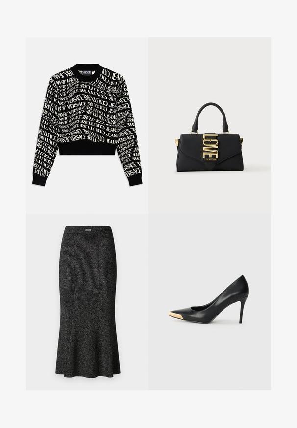 Must mustris, millevalged teksad "VERSACE JEANS COUTURE" keerlevate tähtedega. Ribitud kaelus ja mansetid, kudumise tekstuur, minimalistik disain.; Musthave ribaldis midi seelik venivast kangast, hiljem laienev, peene sära ja elastne vöökoht, mille ülaosas on logo aktsent.; Mustmust suured mõõgapead; pöidla kurgus on metallist kullatooni aktsent. Sile pind ja peen disain.; Must käekott ühe sangaga, kuldse kinnitusega, millel on sõna LOVE, ning "Love Moschino" brändinguga esiklapil.