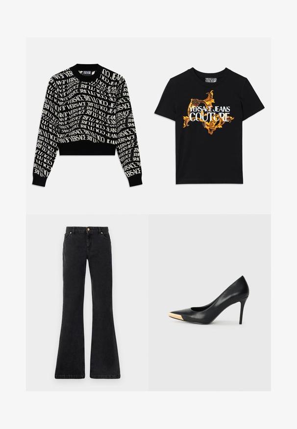 Sort cropped sweater med hvid, svungne tekst "VERSACE JEANS COUTURE." Ribbet halsudskæring og manchetter, strikket tekstur, minimalistisk design.; Sort bomulds t-shirt med hvid tekst "VERSACE JEANS COUTURE" og et overdådigt guld design omkring teksten, korte ærmer, rund halsudskæring.; Sorte flared denim jeans med fem lommer, en frontlukning med knap og kontrastsyninger. Stoffet har en glat tekstur.; Sort læder stiletter med spids tå; har et metalisk guldakcent på tåkapperne. Glat overflade med et strømlinet design.