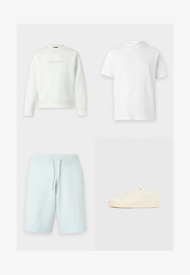 Sweat-shirt blanc à manches longues avec col rond et logo Emporio Armani embossé centré sur la poitrine.; T-shirt blanc uni à manches courtes avec un col rond, au design simple et épuré, sans logos ni motifs visibles.; Shorts en tricot bleu clair avec taille côtelée, cordon réglable et motif damier subtil près de l'ourlet.; Baskets couleur crème avec une tige en cuir lisse, bout arrondi, laçage à l'avant et semelle en caoutchouc texturée. Design minimaliste, sans logo.