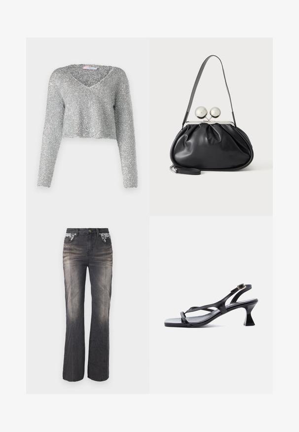 Sweater argent, coupé, avec des manches longues, en matériau moelleux et texturé. Doté d'un décolleté en V profond. Apparence brillante et légère.; Jeans en denim noir avec un design à jambes droites, présentant des détails en dentelle sur les poches et un léger dégradé. Les éléments en métal comprennent un bouton et des rivets.; Sandale femme en cuir noir avec fines lanières, bout carré, boucle de cheville réglable et talon mi-hauteur évasé.; Sac à main en cuir noir avec un design plissé, une sangle unique, un cadre métallique argenté et deux grandes fermoirs ronds en argent.
