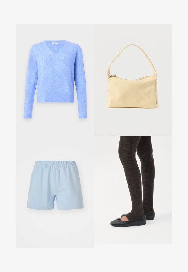 Suéter de punto acanalado azul claro con mangas largas y cuello en V, exhibido sobre un fondo liso gris claro.; Pantalones cortos de algodón azul claro con cintura elástica. Presentan una textura simple y suave, y terminan a la altura de los muslos. Sin bolsillos.; Piernas con leggings oscuros acanalados combinados con bailarinas negras que presentan pequeños detalles de lazo sobre un fondo blanco.; Pequeño bolso de cuero beige con una sola correa y tachuelas plateadas a lo largo de los bordes y la correa, sobre un fondo liso.