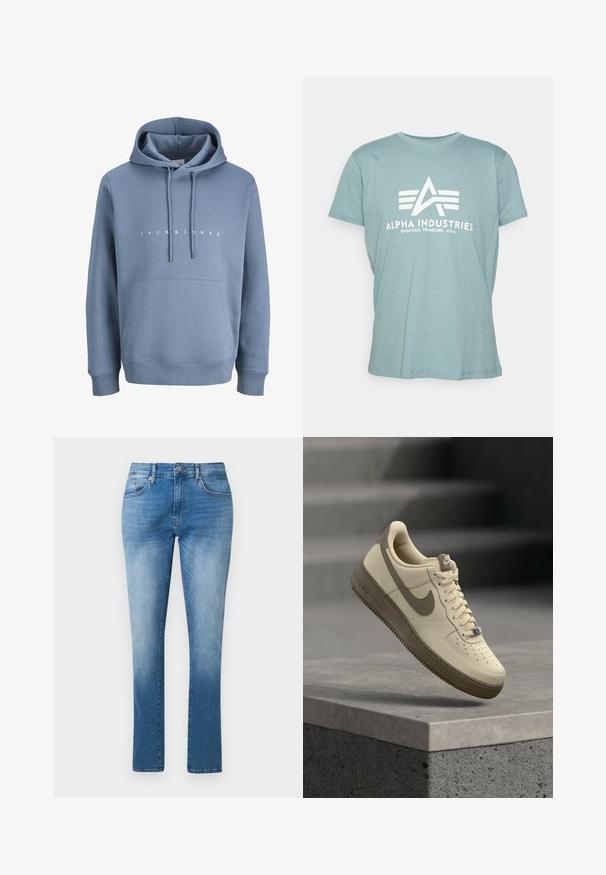 Lyseblå hættetrøje med snore, frontlomme som en kængurulomme og teksten "JACK & JONES" trykt i hvidt hen over brystet.; Lyseblå bomulds t-shirt med korte ærmer, prydet med et hvidt logo og teksten "ALPHA INDUSTRIES" centreret på forsiden.; Blå jeans med lige ben, mellemhøj talje, knap- og lynlås-lukning samt klassisk fem-lomme design.; Beige og brun Nike Air Force 1 sneaker med snørebånd, svævende over en betonoverflade med trapper i baggrunden.