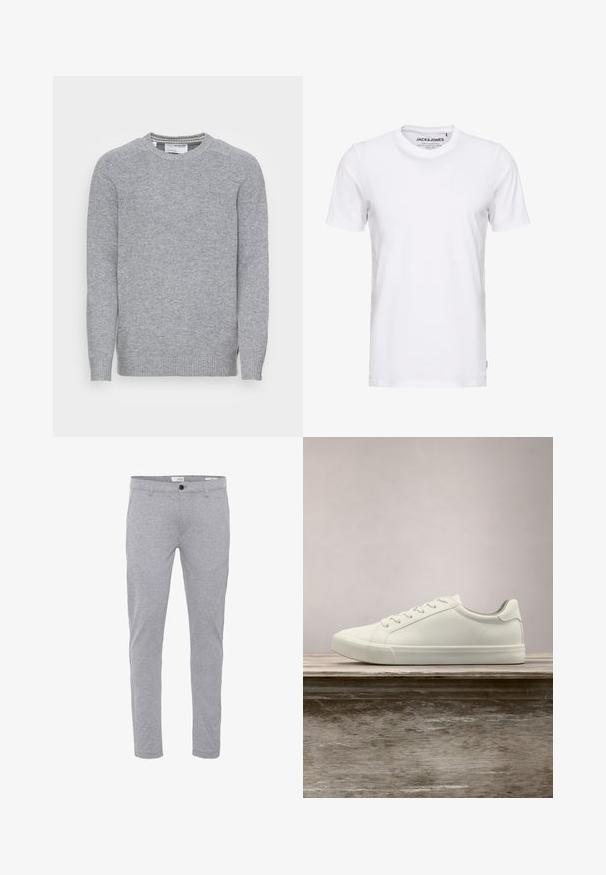 Pull en tricot gris avec col rond, poignets et ourlet côtelés. Texture lisse et design simple et classique avec fentes latérales.; T-shirt blanc à manches courtes en coton, avec un col rond et un design simple. Étiquette de marque visible au niveau du cou. Aucun motif ni accent.; Pantalon slim gris clair avec fermeture par bouton et zip à l'avant, poches avant et passants pour ceinture.; Sneaker en dentelle blanche flottant au-dessus d'un banc en bois avec un feuillage vert en arrière-plan, mettant en valeur le design et la texture de la chaussure.