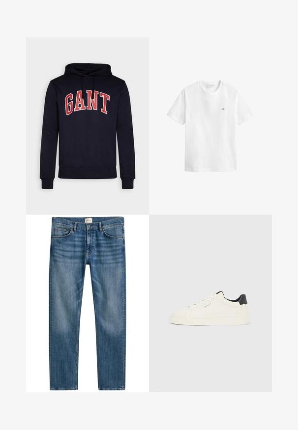 Marine blauwe hoodie met een buidelzak aan de voorkant, een capuchon met trekkoord en een rood "GANT" logo in vetgedrukte letters op de borst. Van een katoenmix.; Wit T-shirt met korte mouwen en een ronde hals, met een klein geborduurd schildlogo op de linkerborst en een GANT-label aan de binnenkant van de kraag.; Blauwe jeans van denim met een rechte snit, voorzien van vijf zakken, een knoopsluiting en een lichte vervaging over de stof voor textuur.; Witte lage sneaker met zwart hielstuk, witte veters en het "GANT" logo op de zijkant, getoond tegen een effen lichte achtergrond.