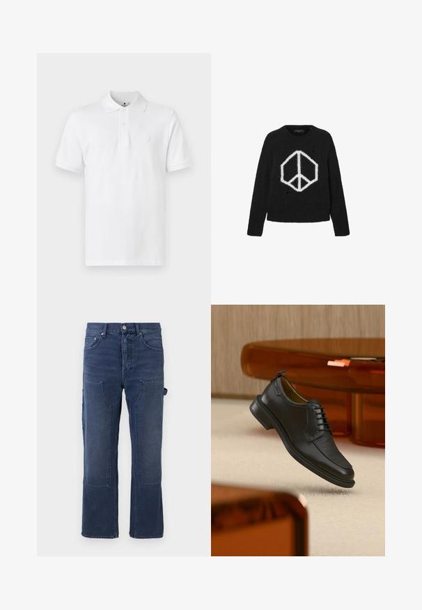 Sort strikket sweater med hvidt fredstegn grafik, rund halsudskæring, lange ærmer og slidte detaljer i stoffet.; Hvid polo shirt lavet af bomuld, med en klassisk krave, korte ærmer og et diskret logo broderet på brystet.; Mørkeblå denimbukser med en afslappet pasform, der har stiklommer, lige ben design og let falmning på stoffet.; Sort lædersko med snørebånd og tekstureret front, svævende over beige tæppe i et moderne rum med møbler i ravfarvet toning.