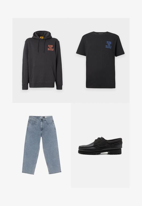 Grijze hoodie met een kangoeroezak, een capuchon met trekkoord en oranje "RIDE THE RAILS" tekst op de borst. Zacht materiaal met een gladde textuur.; Zwarte katoenen t-shirt met korte mouwen, voorzien van blauwe tekst "RIDE THE RAILS" op de linkerkant van de borst. Ronde hals en reguliere pasvorm.; Lichtblauwe denim wijde jeans met een knoopsluiting, vijf zakken en recht afgesneden benen. Zachte textuur, minimale vervaging en nette stiksels.; Zwarte schoen met een leren bovenzijde, textiele accenten, ronde veters en een getextureerde rubberen zool. Voorzien van mocassin-stiksel en merkdetails.