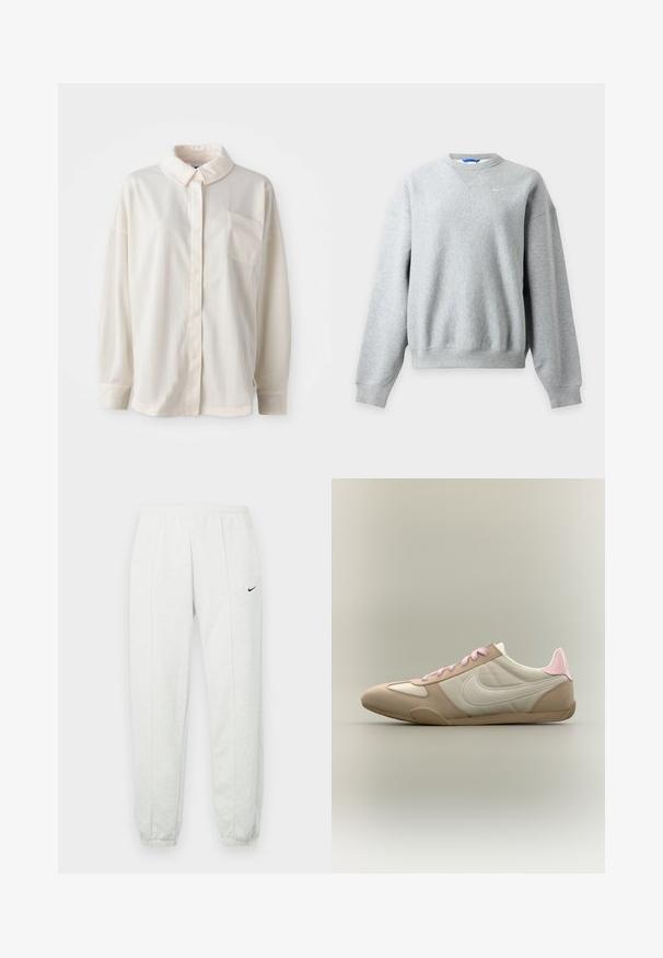 Sudadera Nike gris claro con cuello redondo, mangas largas y puños y bajo acanalados, mostrada plana sobre un fondo claro.; Camisa blanca de botones con cuellos, de rayas verticales, de manga larga, con un solo bolsillo en el pecho, hecha de una tela suave con una textura tacto agradable.; Pantalones deportivos Nike de color gris claro con una cintura elástica, puños ajustados y un pequeño logo negro en el muslo izquierdo. Tela suave y texturizada.; Zapatilla de perfil bajo en beige y blanco con cordones rosas y detalle en el talón, mostrando el logo de Nike en el lateral sobre un fondo liso.