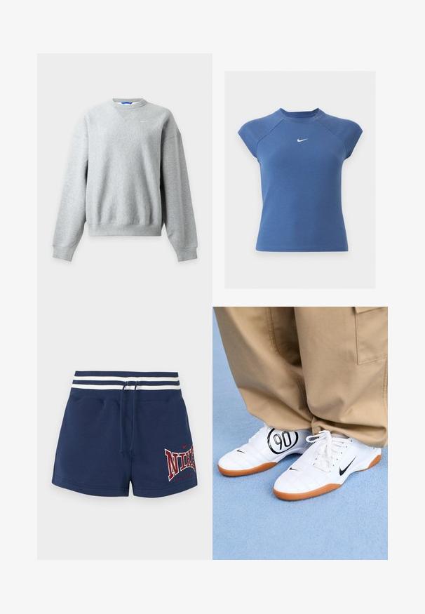 Ανοιχτό γκρι φούτερ Nike με στρογγυλή λαιμόκοψη, μακριά μανίκια και ριμπ μανσέτες και τελείωμα, απεικονίζεται επίπεδα σε ανοιχτό φόντο.; Μπλε κοντομάνικη ριμπ πλεκτή μπλούζα με στρογγυλή λαιμόκοψη και λευκό λογότυπο Nike swoosh στο κέντρο του στήθους.; Σκούρο μπλε αθλητικό σορτς με λευκή ριγέ ριμπ ύφανση στη μέση, κορδόνι κορδόνι και κόκκινο κείμενο "NIKE ATHLETIC DEPT" στο αριστερό πόδι.; Λευκά αθλητικά παπούτσια με επενδεδυμένο σχέδιο, μαύρο λογότυπο Nike, και μια έντονη μαύρη γραφική απεικόνιση "90" στο πλάι, σε συνδυασμό με χακί παντελόνι.