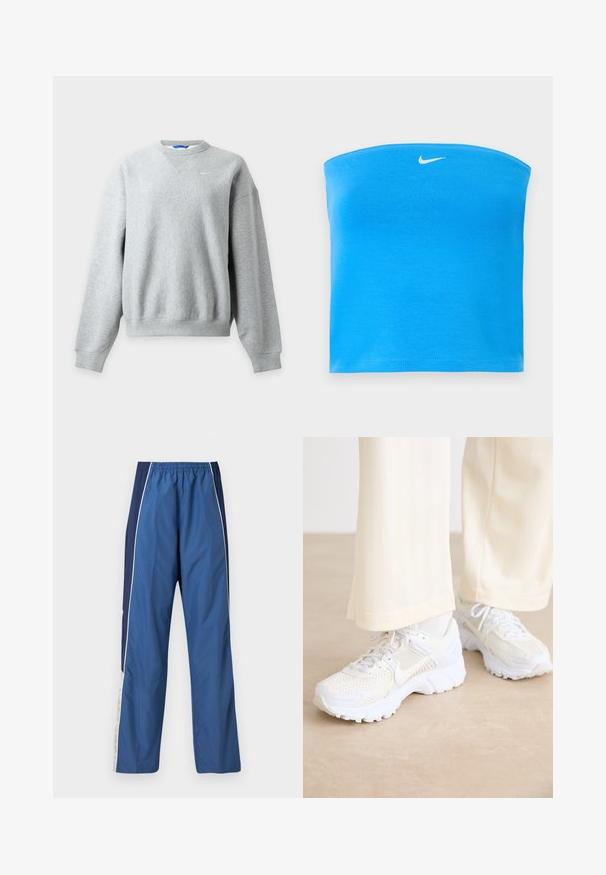 Hellgraues Nike Sweatshirt mit Rundhalsausschnitt, langen Ärmeln und gerippten Bündchen und Saum, flach auf hellem Hintergrund dargestellt.; Helles blaues Nike trägerloses Bandeau-Top mit weißem Swoosh-Logo, das nahe dem oberen Rand zentriert ist.; Blaue Sporthose mit leichtem, geschmeidigem Stoff. Elastischer Bund, kontrastierende dunkelblaue Seitenpaneele und weiße Akzentstreifen.; Weiße Sportschuhe mit einem Netzdesign, strukturierten Oberflächen und unterstützenden Sohlen. Schnürsenkel und dezente Markenkennzeichnung an der Seite.