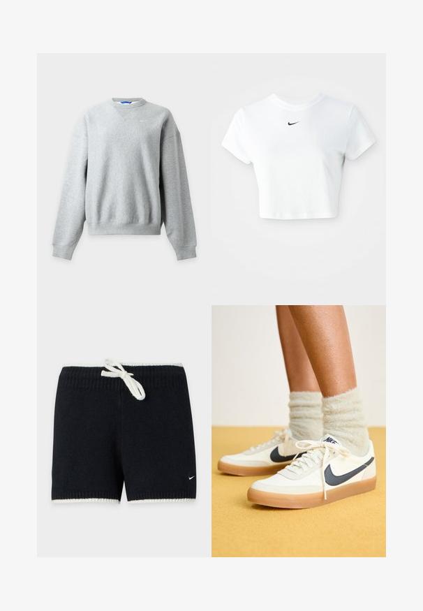 Svetlosivá mikina Nike s okrúhlym výstrihom, dlhými rukávmi a rebrovanými manžetami a lemom, zobrazená na svetlom pozadí.; Biely skrátený tričko vyrobené z bavlny, s krátkymi rukávmi a okrúhlym výstrihom, s čiernym logom Nike na hrudi.; Čierne pletené šortky s bielym sťahovacím pásikom a lemom, s malým bielym logom Nike na dolnej ľavej nohe.; Biele tenisky Nike s námorníckym logom, textúrovaná tkanina, biele šnúrky a gumená podrážka, kombinované s chlpatými svetlozelenými ponožkami. Žlté pozadie.