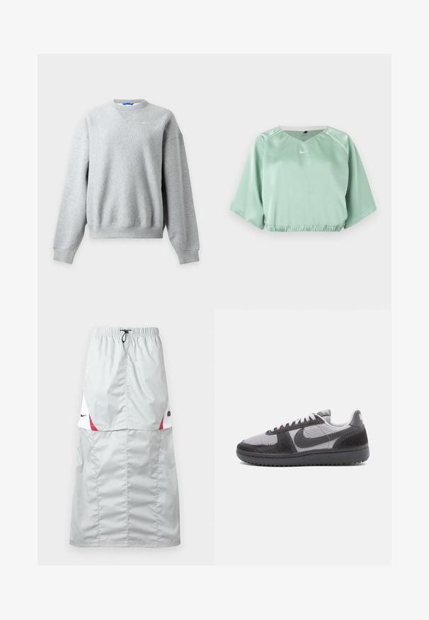 Hellgraues Nike Sweatshirt mit Rundhalsausschnitt, langen Ärmeln und gerippten Bündchen und Saum, flach auf hellem Hintergrund dargestellt.; Mintgrünes, kurz geschnittenes Sporttop mit kurzen, weiten Ärmeln, elastischem Bund, weißer Paspelierung an den Schultern und kleinem weißem Nike-Logo vorne in der Mitte.; Hellgrauer, langer Sportrock aus glänzendem, glattem Material; mit roten und weißen Akzenten, elastischem Bund und Nike-Logo an der Seite.; Niedrig geschnittene Sneaker aus grauem Mesh-Gewebe, mit schwarzen strukturierten Überzügen, schwarzer Sohle, weißen Schnürsenkeln und einem schwarzen Nike-Swoosh an der Seite.