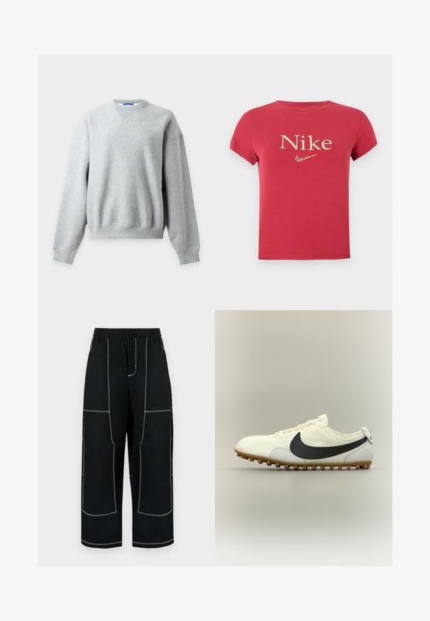 Ανοιχτό γκρι φούτερ Nike με στρογγυλή λαιμόκοψη, μακριά μανίκια και ριμπ μανσέτες και τελείωμα, απεικονίζεται επίπεδα σε ανοιχτό φόντο.; Κόκκινο κοντομάνικο T-shirt με το κείμενο "Nike" και ένα μικρό λογότυπο Nike swoosh με λεοπάρ σχέδιο κεντραρισμένο στο στήθος.; Μαύρο παντελόνι με φαρδιά παντελόνα και ελαστική μέση, με λευκά ραφές αντίθεσης και πολλαπλές τσέπες για χρηστικότητα.; Λευκό αθλητικό παπούτσι χαμηλού προφίλ με μαύρο λογότυπο Nike, λάστιχο σόλας και λευκά κορδόνια, εμφανίζεται σε ουδέτερο φόντο σε πλευρική όψη.