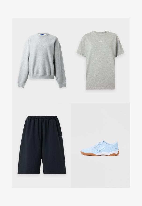 Sweat-shirt Nike gris clair à col rond avec manches longues et poignets et ourlet côtelés, présenté à plat sur un fond clair.; T-shirt gris en coton à manches courtes avec col rond et petit logo Nike swoosh blanc centré sur la poitrine.; Short de sport noir Nike avec taille élastique et petit logo blanc Swoosh sur la cuisse droite, présenté sur un fond uni.; Basket de sport bleu clair avec une tige synthétique lisse, des accents texturés et une semelle extérieure en caoutchouc gomme. Présente un logo sur le côté.