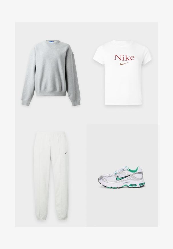 Svetlosivá mikina Nike s okrúhlym výstrihom, dlhými rukávmi a rebrovanými manžetami a lemom, zobrazená na svetlom pozadí.; Biely tričko s krátkym rukávom a červeným textom "Nike" a logom Nike swoosh v leopardom vzore umiestneným v strede hrudi.; Svetlosivé tepláky Nike s elastickým pásom, zúženými lemami a malým čiernym logom na ľavom stehne. Mäkká, textúrovaná tkanina.; Biele, strieborné a zelené bežecké topánky Nike. Obsahujú sieťovinový a syntetický materiál, polstrovaný golier a odpruženú podrážku s viditeľnými vzduchovými jednotkami.
