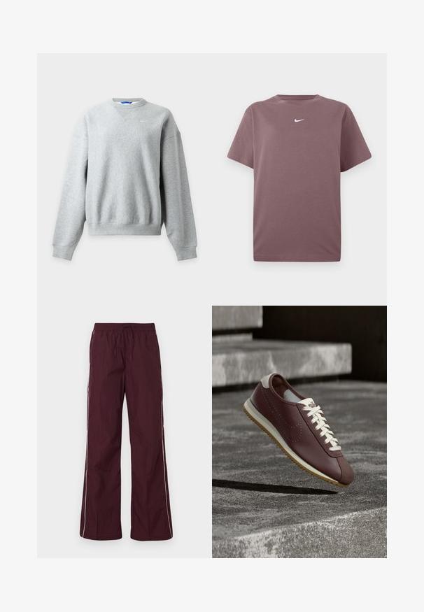 Sweat-shirt Nike gris clair à col rond avec manches longues et poignets et ourlet côtelés, présenté à plat sur un fond clair.; T-shirt à col rond mauve uni à manches courtes avec un petit logo Nike blanc centré sur la poitrine, présenté sur un fond blanc.; Pantalons bordeaux respirants avec une finition texturée et une coupe ample. Dotés de rayures blanches sur les côtés et d'une taille élastique avec un cordon de serrage.; Baskets Nike bordeaux avec lacets blancs et semelle beige suspendues au-dessus de marches en béton gris en plein air.