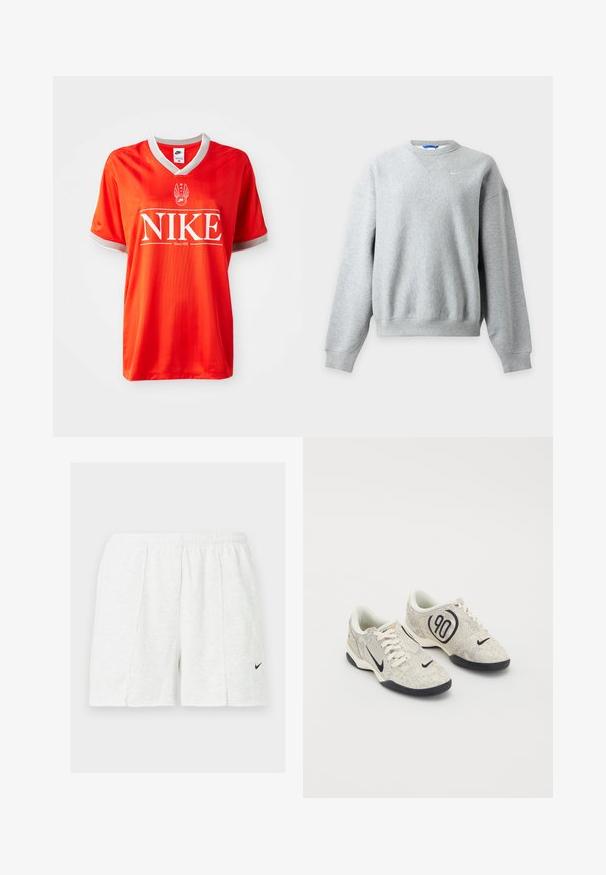 Svetlosivá mikina Nike s okrúhlym výstrihom, dlhými rukávmi a rebrovanými manžetami a lemom, zobrazená na svetlom pozadí.; Červený dres Nike s výstrihom do V, šedým lemovaním na rukávoch a veľkým bielym logom "NIKE". Hladká, ľahká tkanina so jemným pruhovaným vzorom.; Biele športové šortky s elastickým pásom a čiernym logom Nike swoosh na ľavej nohe, zobrazené na jednoduchom pozadí.; Nike tenisky s béžovým a šedým štruktúrovaným zvrškom, čiernymi akcentmi, veľkým logom "90" a bielym šnurovaním. Čierna podrážka.