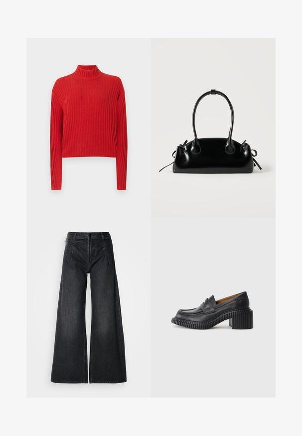 Rød ribbet trøje med høj hals, lange ærmer og cropped design. Stoffet ser blødt og strikket ud, med lodrette striber.; Sorte vidde jeans lavet af denim, med en høj talje, to forlommer og synlige sømme samt en subtil tekstureret finish.; Sorte læderloafers med en tyk, rillede gummihæl. Har en rund tå og et vandret rem over vamps. Tekstureret sål.; Lille sort blank håndtaske med to lange håndtag og snøre-detaljer i siden på en ensfarvet lys baggrund.
