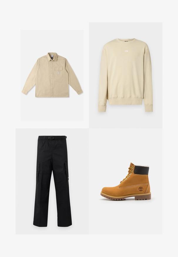 Beige sweatshirt med lange ærmer, ribbet manchetter og rund halsudskæring. Har en lille hvid logo på brystet. Blød tekstur.; Beige langærmet skjorte i bomuldsstof med klassisk krave, knaplukning foran, enkelt brystlomme og brandmærke på lommen.; Sorte cargo-bukser med bred ben-design, justerbar talje med spænde og to sidelommer til opbevaring. Letvægtsstof.; Brune læder ankelstøvle med metaløjer, hvid pelsforing, sort polstret krave, robust sål og præget logo på siden.