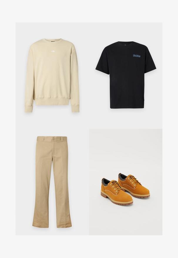 Beige sweatshirt met lange mouwen, geribbelde manchetten en een ronde halslijn. Heeft een klein wit logo op de borst. Zachte textuur.; Zwart katoenen T-shirt met korte mouwen en een ronde hals. Voorzien van een blauw geborduurd "Dickies"-logo op de linkerborst.; Beige flarebroek gemaakt van een katoenen blend stof, voorzien van een knoopsluiting, riemlussen en een vlakke voorkant met een gladde textuur.; Bruine suède schoenen met een ronde neus, gele veters, een gewatteerde zwarte kraag en rubberen zolen met gripgroeven.