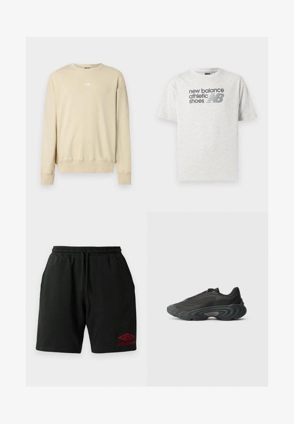 Beige Sweatshirt mit langen Ärmeln, gerippten Bündchen und rundem Ausschnitt. Mit kleinem weißem Logo auf der Brust. Weiche Textur.; Hellgraues T-Shirt mit kurzen Ärmeln mit dem Schriftzug „new balance athletic shoes“ und einem stilisierten „NB“-Logo in Dunkelgrau auf der Brust.; Schwarze Shorts mit Kordelzug, seitlichen Taschen und rotem Umbro-Logo, das am linken Bein unten gestickt ist.; Schwarzer Sportschuh mit Mesh- und Synthetik-Obermaterial, schlankem Design, dicker, geschwungener Sohle und strukturierten Akzenten an den Seiten und der Zehenpartie.