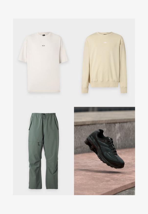 Bežid värvi dressipluus pikkade varrukatega, soonikuga mansettide ja ümar-kaelusega. Rinnal väike valge logo. Pehme tekstuur.; Oakley RISE TEE - Lihtne T-särk - mist; Roheline, kerge kangas, millel on elastne vöökoht, nöör ja mitmed taskud. Sile tekstuur ja mugav, laiem lõige.; Must sportlik toss nähtava õhkpadi keskmise tallaga, hõljudes roosa kivipinna kohal, mille taustal on hall kivimüür.