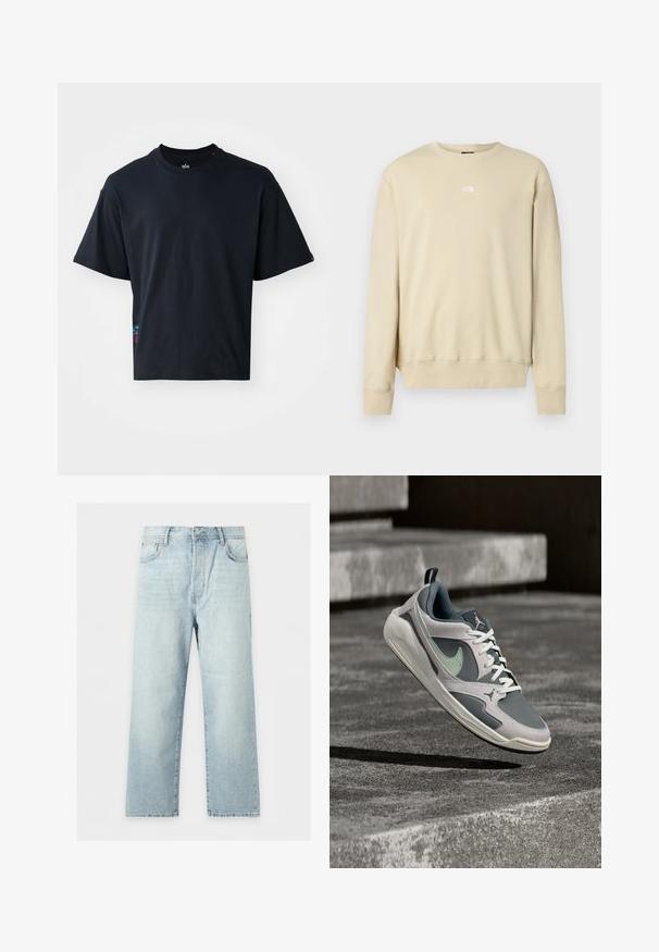 Beige sweatshirt met lange mouwen, geribbelde manchetten en een ronde halslijn. Heeft een klein wit logo op de borst. Zachte textuur.; Zwarte T-shirt met korte mouwen van katoen, met een klassieke ronde hals en een klein kleurrijk logootje aan de zijkant.; Lichtblauwe jeans met wijde pijpen, vijf zakken, knoop- en ritssluiting, en een licht vervaagde wassing, plat neergelegd op een witte achtergrond.; Grijze en witte Nike Air Jordan sneaker met lichtgroene swoosh, zwevend boven een betonnen oppervlak met trappen op de achtergrond.