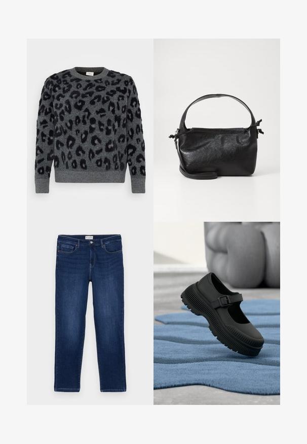 Grå sweater med sorte leopardpletter, med rund halsudskæring og ribbede ærmer, lavet af et blødt, struktureret materiale.; Mørkeblå denim jeans med lige pasform, fem-lomme design, synlige sømme og en metalknaplukning i taljen.; Sort Mary Jane-stil sko med tyk ribbet sål og spænde, hvilende på tekstureret blåt tæppe med sløret baggrund.; Sort læderhåndtaske med et struktureret design, rund tophåndtag og aftagelig skulderrem. Den har en glat tekstur og en subtil glans.