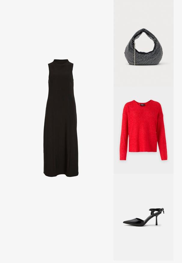 ONLY Trui - true red; Zwarte mouwloze maxi-jurk met hoge halslijn en een rechte, nauwsluitende silhoette.; Zwarte lakleren hoge hakken schoen met spits toelopende neus en enkelbandje achter gebonden in een knoop, afgebeeld op een effen witte achtergrond.; Zwarte mesh handtas versierd met zilveren studs, met een gebogen handvat en een kettingschouderriem. Zachte textuur met een ronde vorm.