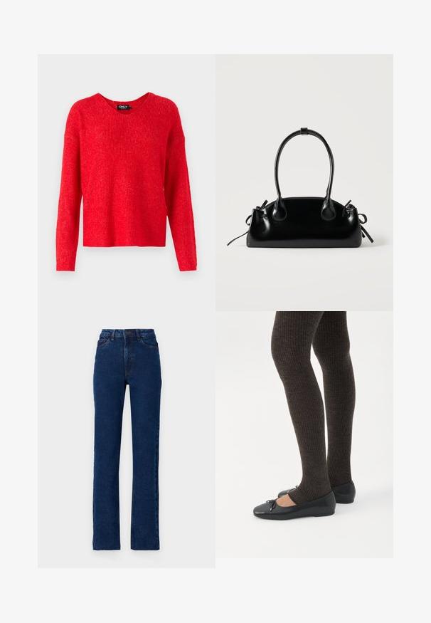 ONLY ONLCAMILLA V-NECK L/S PULLOVER KNT NOOS - Πουλόβερ - true red; Τζιν παντελόνι σε σκούρο μπλε χρώμα με υψηλή μέση, ίσια γραμμή, πέντε τσέπες και αντίθετη ραφή κατά μήκος των ραφών.; Πόδια με σκουρόχρωμα ριμπ κολάν συνδυασμένα με μαύρα μπαλαρίνα παπούτσια με μικρές λεπτομέρειες φιόγκων σε λευκό φόντο.; Μικρή μαύρη γυαλιστερή τσάντα με δύο μακριές λαβές και λεπτομέρειες με ρυθμιζόμενο κορδόνι στο πλάι σε απλό ανοιχτό φόντο.