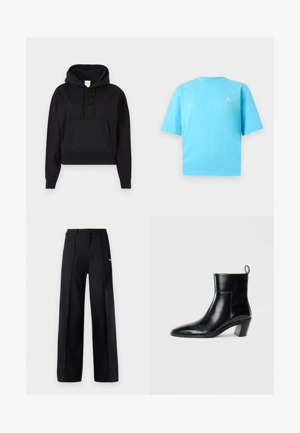 Sudadera corta negra de tela suave que cuenta con un bolsillo delantero tipo canguro, capucha ajustable y un sutil logo bordado en el pecho.; Camiseta azul claro de manga corta con cuello redondo y un pequeño logotipo triangular blanco en el lado izquierdo del pecho sobre un fondo liso.; Pantalones de pierna ancha de color negro, confeccionados con una tela suave, que presentan pliegues y un pequeño detalle de logo. Diseñados con una cintura de altura media.; Botín de piel negra hasta el tobillo con punta afilada, tacón apilado geométrico y una lengüeta en la parte posterior. Textura suave y diseño elegante.