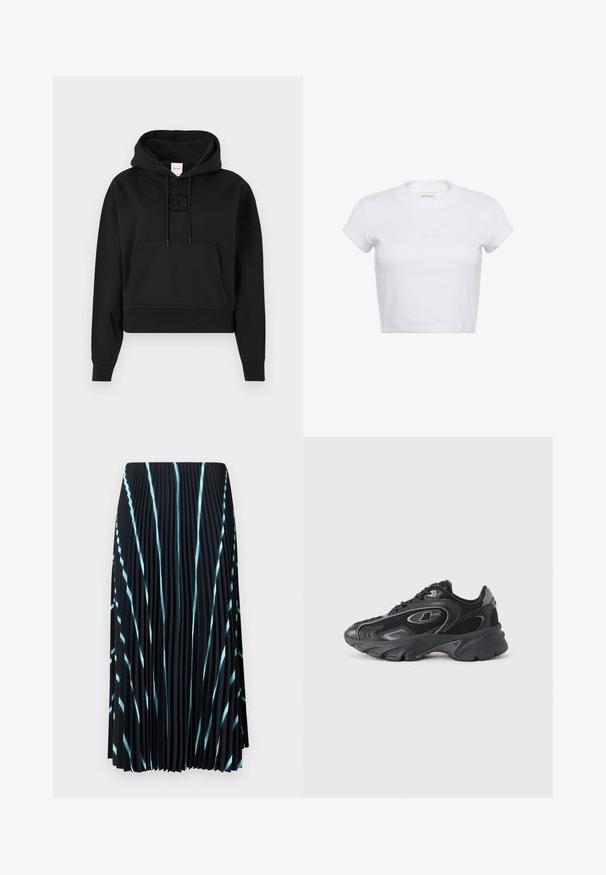 Sort cropped hoodie lavet af blødt stof, der har en frontlomme, snoretræk i hætten og et diskret broderet logo på brystet.; Hvid cropped t-shirt med korte ærmer og ribbet tekstur. Har en rund halsudskæring og en diskret "Calvin Klein"-logo i lys farve foran.; Sort plisseret nederdel med lyseblå diagonale striber. Lavet af letvægts, struktureret stof. Falder til midt på læggen uden synlige lukninger.; Sorte sportssko med mesh-paneler, polstret krave og textureret sål. Indeholder logo og kontrasterende detaljer på siden.