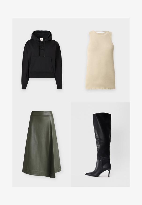 Sort cropped hoodie lavet af blødt stof, der har en frontlomme, snoretræk i hætten og et diskret broderet logo på brystet.; Beige ribbet ærmeløs top med rund halsudskæring, der har en tætsiddende pasform og glat tekstur, ideel til lag-på-lag eller varmt vejr.; Olivengrøn midi-nederdel i kunstlæder med markeret talje og let A-form på ensfarvet baggrund.; Sorte læderstøvler over knæet med spids tå, stiletthæl og et slankt design med en logoaccent ved anklen.