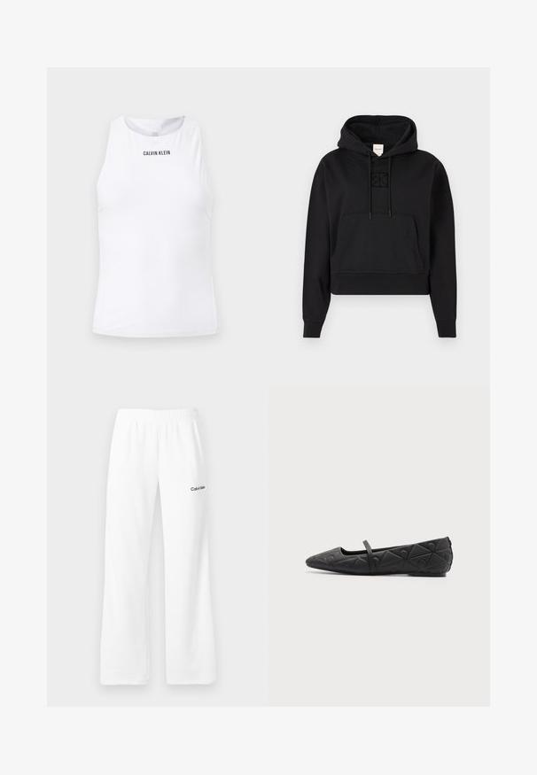 Μαύρο cropped hoodie φτιαγμένο από μαλακό ύφασμα, διαθέτει μπροστινή τσέπη καγκουρό, κουκούλα με κορδόνι, και μια διακριτική κεντητή λογότυπο στο στήθος.; Λευκό αμάνικο αθλητικό τοπ Calvin Klein με ψηλό λαιμό και διακριτικό υφασμένο ύφασμα.; Λευκή φόρμα με ελαστική μέση και το λογότυπο Calvin Klein στο επάνω αριστερό μέρος του μηρού, απεικονισμένη σε ουδέτερο φόντο.; Μαύρο μυτερό επίπεδο παπούτσι με γεωμετρικά σχέδια και λεπτό λουράκι στο επάνω μέρος σε απλό φόντο.