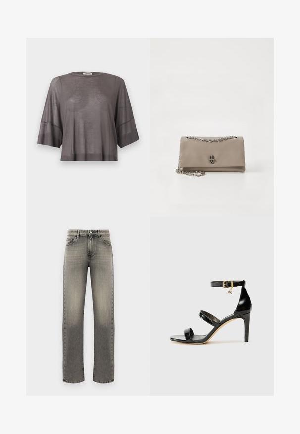 T-shirt en maille grise semi-transparente, coupe ample, manches courtes, poignets et ourlet côtelés, col rond et détail subtil de couture en forme de V.; Jean en denim gris à coupe droite, avec un motif délavé, cinq poches et surpiqûres le long des coutures et de la taille.; Sandale en cuir verni noir avec trois brides, boucle de cheville et talon aiguille de 10 cm. Présente un détail en métal doré et un charm logo.; Sac à épaule en cuir beige avec une bandoulière en chaîne argentée et un détail de fermoir à l'avant. Texture lisse avec une forme rectangulaire et un design minimal.