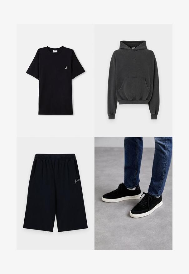 Donkergrijze hoodie met een voorzak, geribbelde manchetten en zoom, met een tonale geborduurde logo op de borst.; Zwarte katoenen t-shirt met korte mouwen, voorzien van een klein geborduurd accent van een gans op de borst en een ronde hals.; Zwarte knielange short met elastische tailleband en kleine witte cursieve tekst aan de rechterkant.; Zwarte suede sneakers met een witte rubberen zool, met een klassiek low-top ontwerp, een ronde neus en flat zwarte veters.
