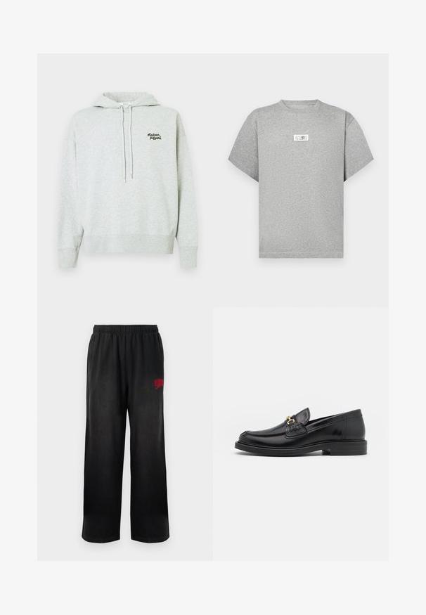 Hele halli kapuutsiga sweatshirt, mis on valmistatud pehmest kangast, millel on kenguru tasku ja tikitud logo vasakul rinnal. Kohandatav nöör metalltipudega.; Hall hall lühikeste varrukatega T-särk, valmistatud pehmest puuvillast. Esiküljel on ristkülikukujuline silt, millel on musta teksti ja minimalistliku disainiga.; Mustad mustad püksid elastselt vöökoht ja küljetaskud. Paremal reitel on punane "Billionaire Boys Club" logo. Pehme, sujuv tekstuur.; Mustad nahast loafers ümarate varvastega, millel on kuldne riistvaraline aksessuaar ja tikandite detail, paigutatud madalale, tekstureeritud kummist tallale.
