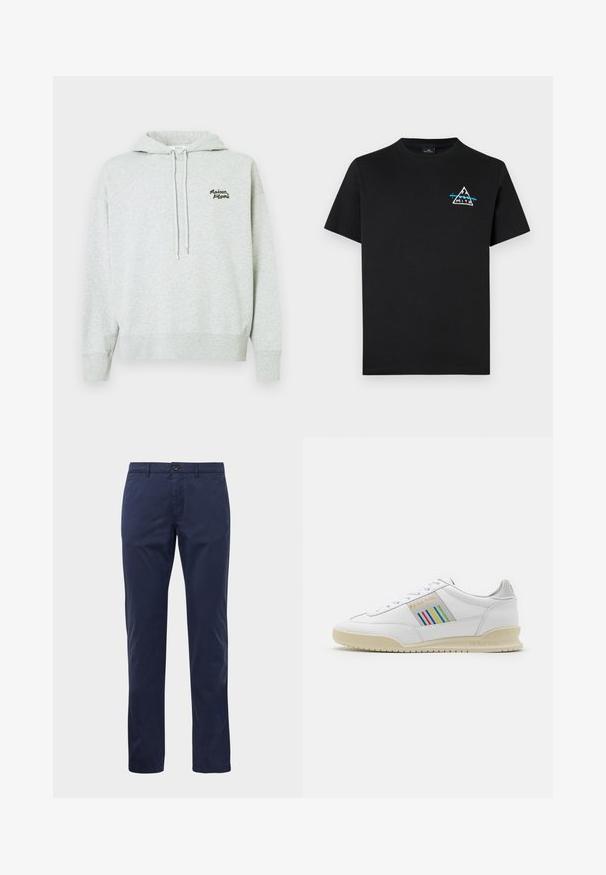 Lys grå hættetrøje lavet af blødt stof, med en kengurulomme og et broderet logo på venstre bryst. Snøre med metalspidser.; Sort bomulds T-shirt med en trekantet bjerggrafik i hvid og blå, med korte ærmer og rund halsudskæring.; Marineblå lige bukser med knap- og lynlåslukning, bæltestropper og sidelommer, præsenteret på en hvid baggrund.; Hvide lædersneakers med en cremefarvet sål, multicolor stribede detaljer på siden og "PS Paul Smith" branding i guld.