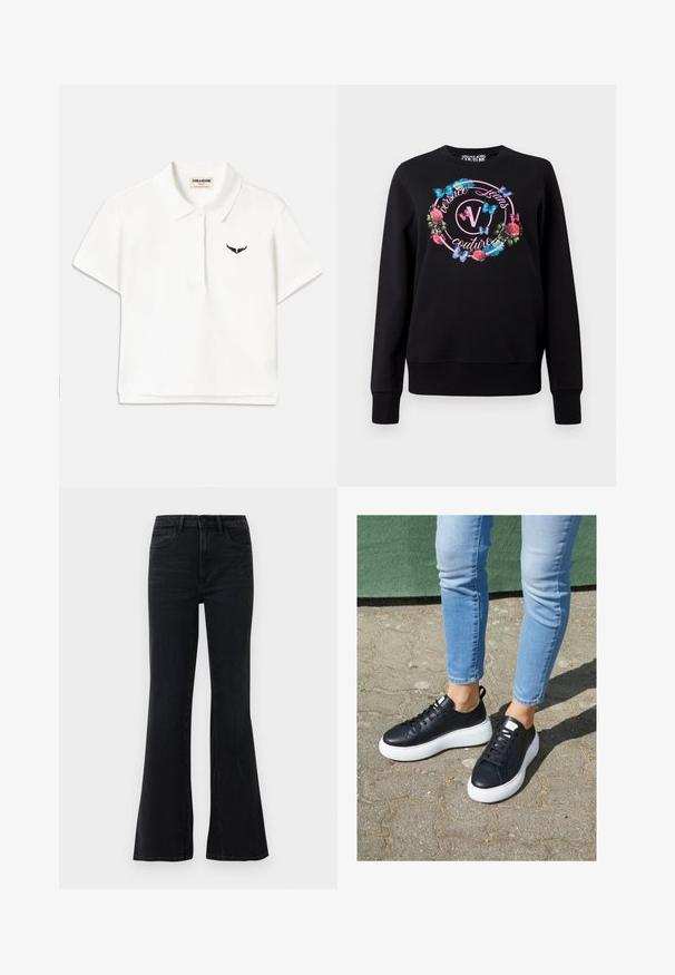 Sweatshirt noir avec un design graphique floral et de papillons, portant un logo au centre. Les poignets et le bas côtelés apportent une structure.; T-shirt polo blanc à manches courtes, présentant un logo d'aile noir sur la poitrine gauche et un col classique. Tissu doux.; Jean flair noir taille haute avec poches avant, passants de ceinture et fermeture à bouton sur fond blanc.; Baskets en cuir noir avec semelles en caoutchouc blanc, présentant une finition lisse, un bout arrondi et des lacets plats. Portées avec un jean bleu clair.