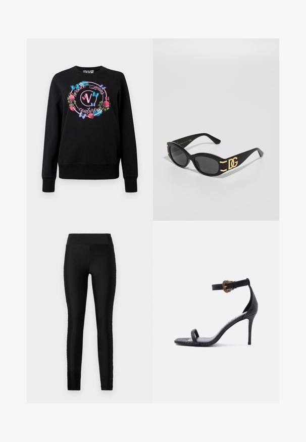Sort sweatshirt med et blomster- og sommerfuglegrafikdesign, med et logo i midten. Ribstrikkede manchetter og kant giver struktur.; Sorte leggings med et glat, strækbart stof, høj talje og en tætsiddende design. Uden synlige mønstre eller accenter.; Sort højhælet sandal med tynd ankelrem med en detaljeret guldbøjle og en enkelt rem over tæerne, tekstureret læderfinish.; Sorte solbriller med en blank finish, ovale linser og guld DG-logo detaljer på armene. Tekstureret sideudformning, slankt design.
