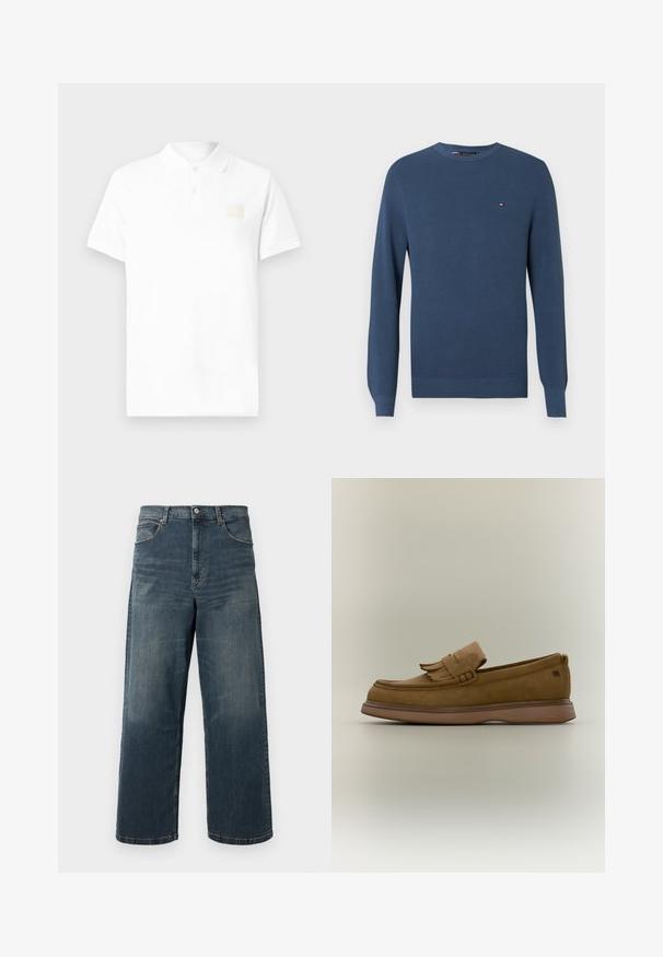 Pull en maille bleue à manches longues pour homme, avec un col rond et un petit logo sur la poitrine gauche.; Polo blanc en coton, doté d'un col classique, de manches courtes et d'un petit patch logo beige sur la partie gauche de la poitrine.; Jeans en denim à jambes larges de couleur bleu foncé, avec un effet délavé, un design à cinq poches et des coutures robustes. Fermeture à boutons à la taille.; Mocassin en cuir marron avec un détail à franges sur le dessus et une semelle épaisse en caoutchouc sur un fond clair uni.