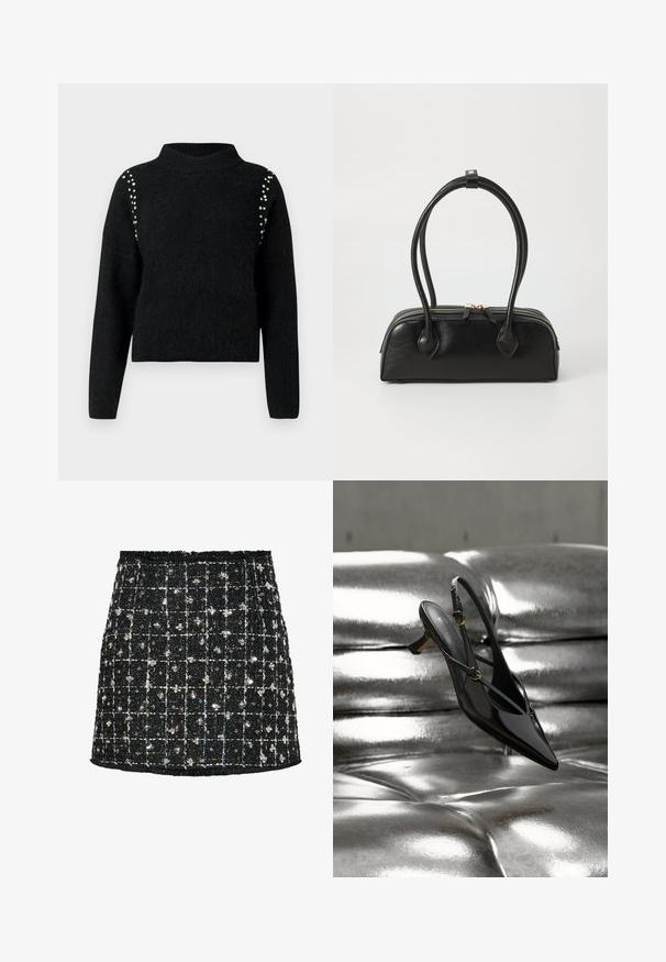 Zwarte trui van zacht materiaal, met een hoge kraag en lange mouwen. Opvallende details zijn de decoratieve zilveren studs op de schouders.; Zwarte tweed rok met een ruitpatroon, verfraaid met pailletten en kleine bloemaccenten, met een rafelige zoom en een aansluitend ontwerp.; Zwarte lakleren slingback schoen met spitse neus en kittenhak, rustend op een glanzend metallic zilveren getufte oppervlakte.; Zwarte leren handtas met twee verlengde handvatten, ritsluiting en ronde vorm; gladde textuur met subtiele glanzende afwerking.