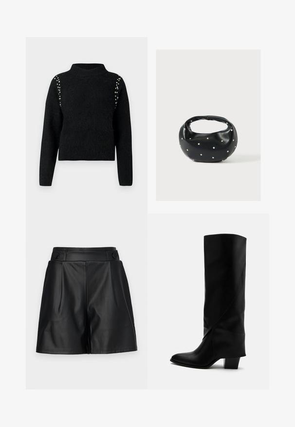 Zwarte trui van zacht materiaal, met een hoge kraag en lange mouwen. Opvallende details zijn de decoratieve zilveren studs op de schouders.; Zwarte faux leren shorts met geplooide voorkant, brede pijpen en knoopdetails op de tailleband. Gladde textuur, op maat gemaakt ontwerp.; Hoge zwarte leren laars met schuine stiksels, puntige neus en stevige hak van gemiddelde hoogte op witte achtergrond.; Zwarte leren handtas met een afgeronde vorm, versierd met zilveren studs, en een korte handgreep. Gladde textuur en ritsluiting.