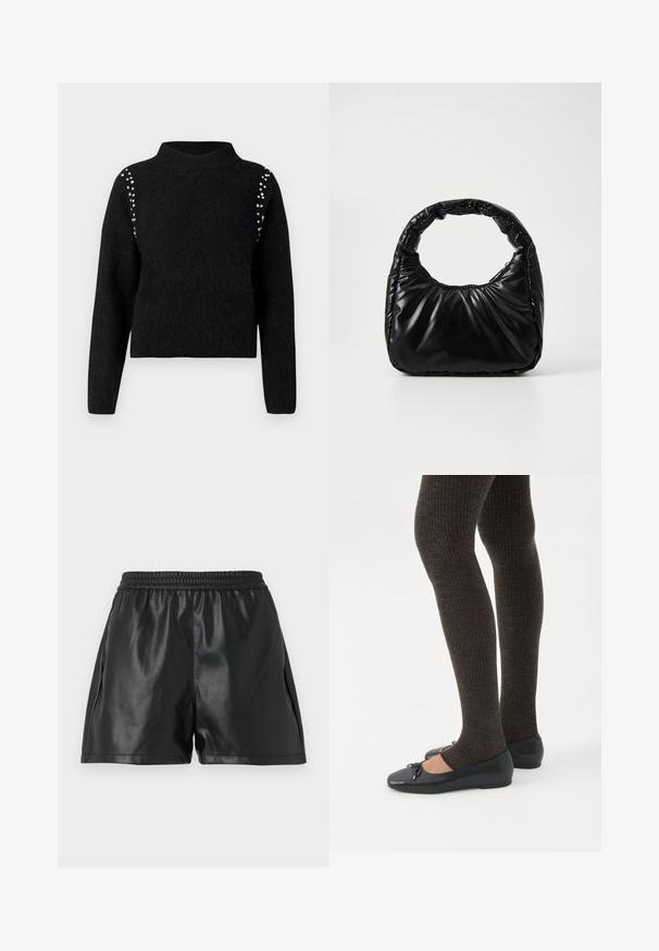 Zwarte trui van zacht materiaal, met een hoge kraag en lange mouwen. Opvallende details zijn de decoratieve zilveren studs op de schouders.; Zwarte nep leren shorts met een elastische tailleband, voorzien van een gladde textuur en een losse pasvorm. Geen zichtbare patronen of accenten.; Benen met donkere geribbelde leggings gecombineerd met zwarte ballerina's met kleine strikdetails op een witte achtergrond.; Zwarte gevoerde handtas met een ronde handgreep, met een gladde, glanzende oppervlakte en een zachte, gewatteerde textuur. Geen zichtbare metalen onderdelen of accenten.
