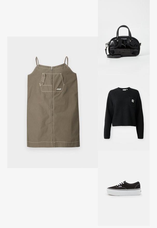Musthave mustriba kootud sviiter, millel on ümmargune kaelus, pikad varrukad ja eesmine tasku, millel on väike logoäpp. Lühendatud pikkus.; Olive roheline ilma varrukateta kleit, mis on valmistatud puuvillast ja millel on lukuga sulgemine. Omab ühte rinnataskut, kontrastset õmblust ning reguleeritavaid rihmasid.; Must musta tennis jalanõud valge kummi platvormi tallaga, valgete paelte ja õmblustega, ikoonilise kaubamärgiga küljes, madala lõikega disain.; Must mustaga nahk käekott, millel on kaks ülemist sangad, eemaldatav õlavarre rihm, ümar kuju ning silmapaistvalt reljeefne "PUMA" logo.