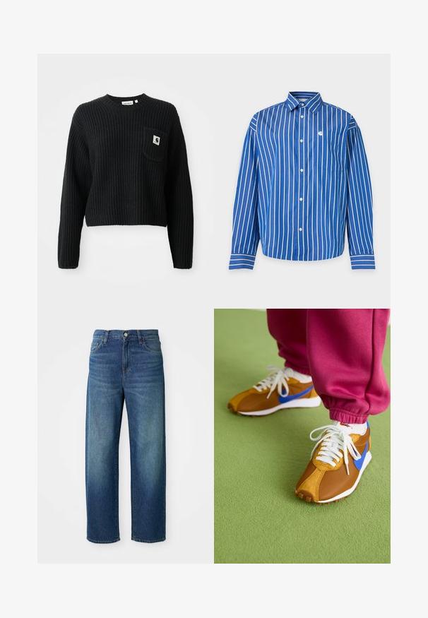 Schwarzer gerippter Strickpullover mit rundem Ausschnitt, langen Ärmeln und einer Fronttasche mit einem kleinen Logopatch. Verkürzte Länge.; Blaues Hemd mit weißen vertikalen Streifen und einer kleinen Brusttasche, dargestellt auf schlichtem hellem Hintergrund.; Blaue Jeans aus Denim, weit geschnitten, mittelhoher Bund, dezente Ausbleichungen, im fünf-Taschen-Stil, mit Knopf- und Reißverschluss, gerader Saum.; Braune und blaue Sneakers aus einer Mischung aus Mesh- und Wildledermaterialien, versehen mit weißen Schnürsenkeln und einer strukturierten braunen Sohle, die auf grünem Boden platziert sind.