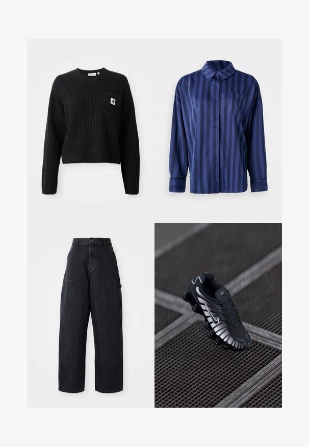 Sort ribbenstrikket sweater med rund hals, lange ærmer og en frontlomme med et lille logo patch. Forkortet længde.; Mørkeblå stribet skjorte med krave, brystlomme og lange ærmer. Lavet af et glat, skinnende stof med en løs pasform.; Sorte denim cargo bukser med vidde og høj talje, to store forlommer og knaplukning i taljen. Glat tekstur, casual design.; Sort atletisk sko med tekstureret mesh-overdel, sølv accenter, svangstøtte og polstret sål med en fremtrædende segmenteret design.